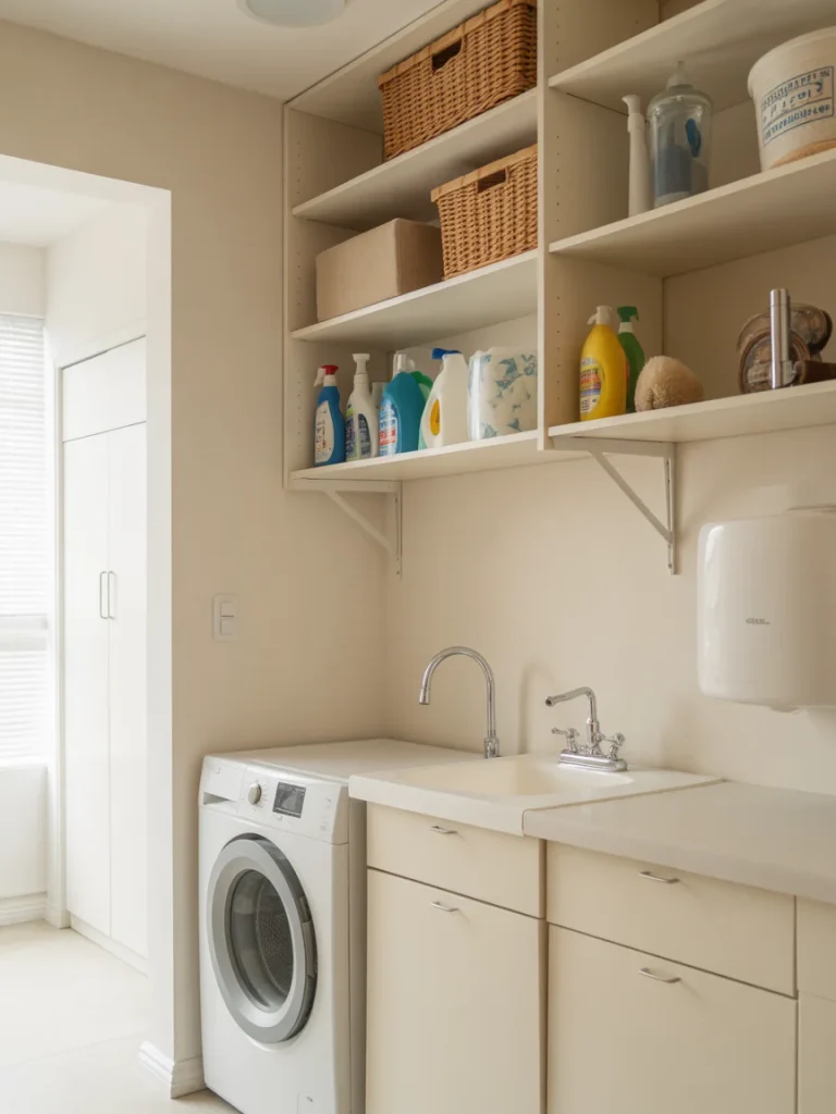 Laundry room with utility sink and open shelves above storing cleaning supplies and baskets.