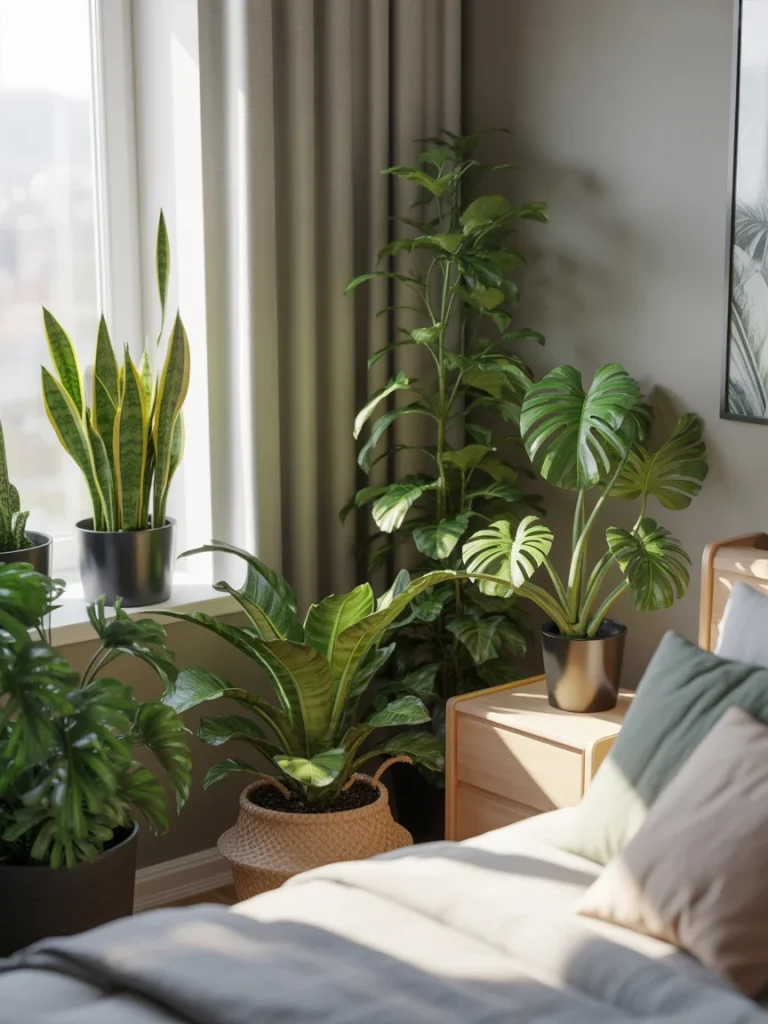 Bedroom decorated with indoor plants for natural green decor.