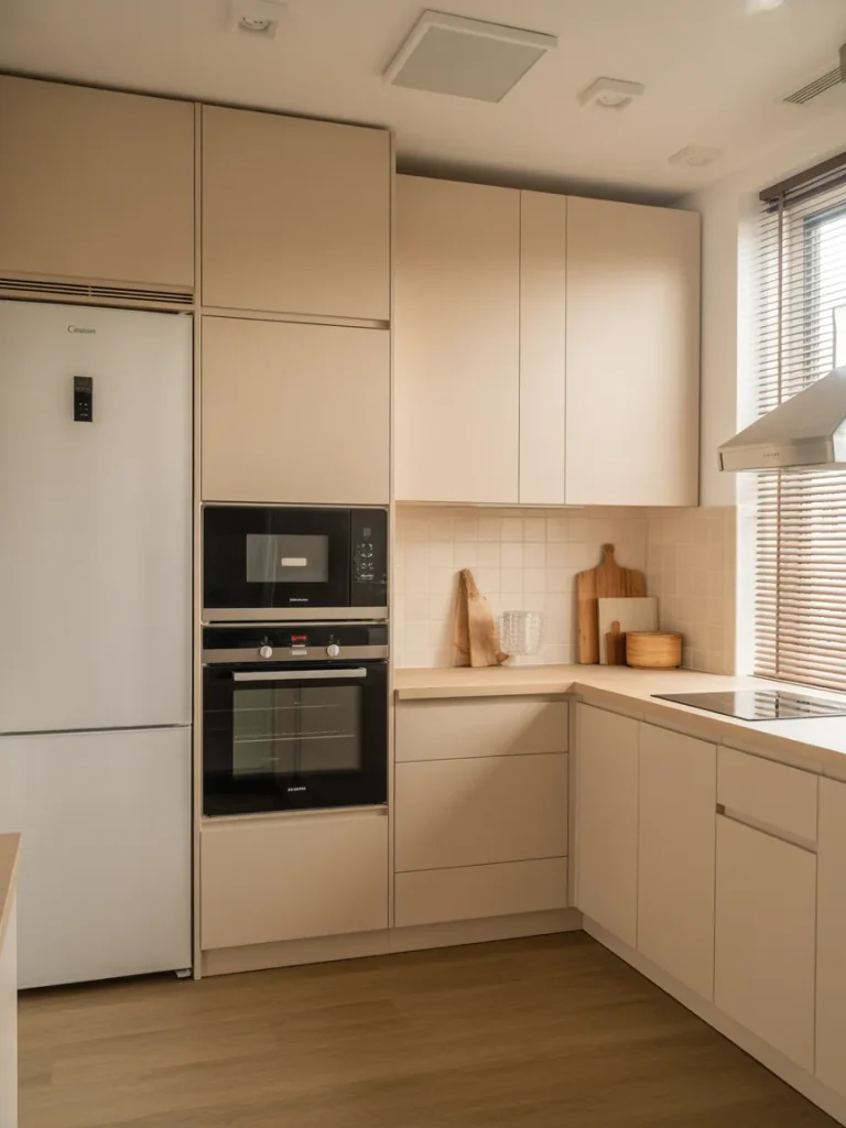 Small kitchen with built-in appliances including integrated oven, microwave, and refrigerator.