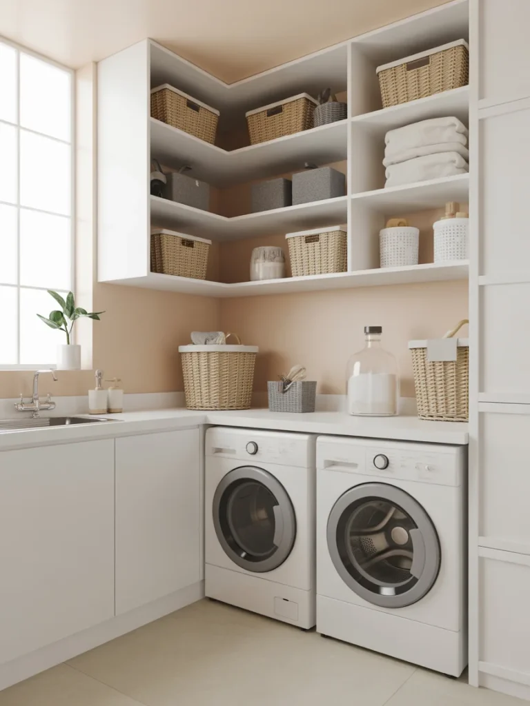 Laundry room with corner open shelves and woven baskets above washer and dryer.
