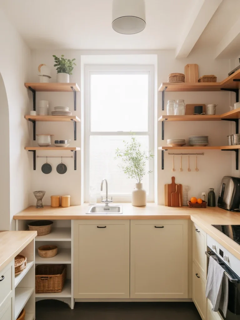 Small kitchen with floating wooden shelves for open storage and display.