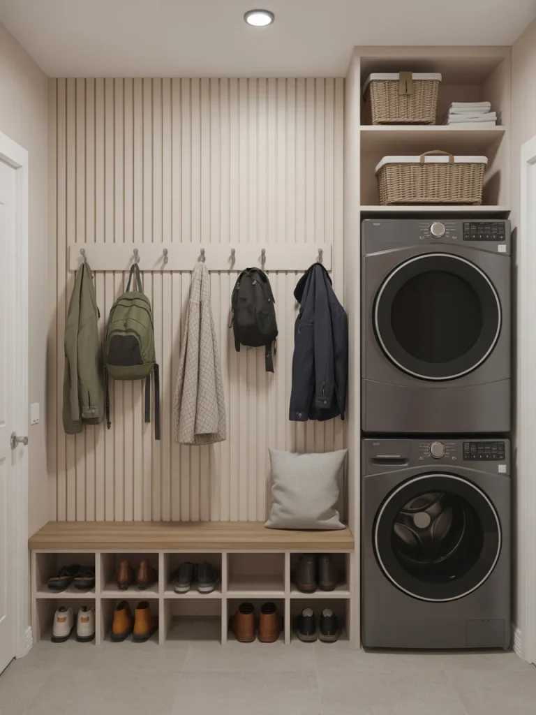 Mudroom with wall hooks for bags and jackets and stacked washer dryer.