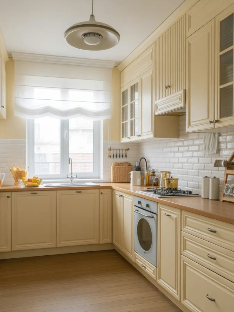 Small kitchen with light-colored cabinets, wood countertops, and white subway tile backsplash.