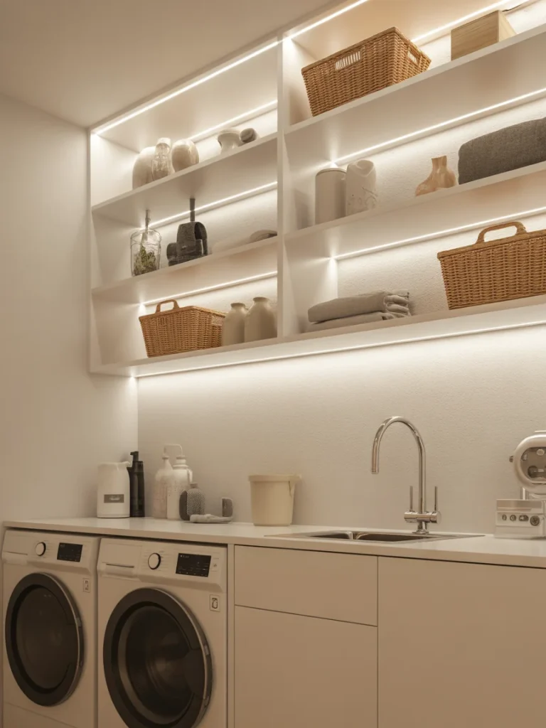 Laundry room with LED lighting above open shelves and washer and dryer below.