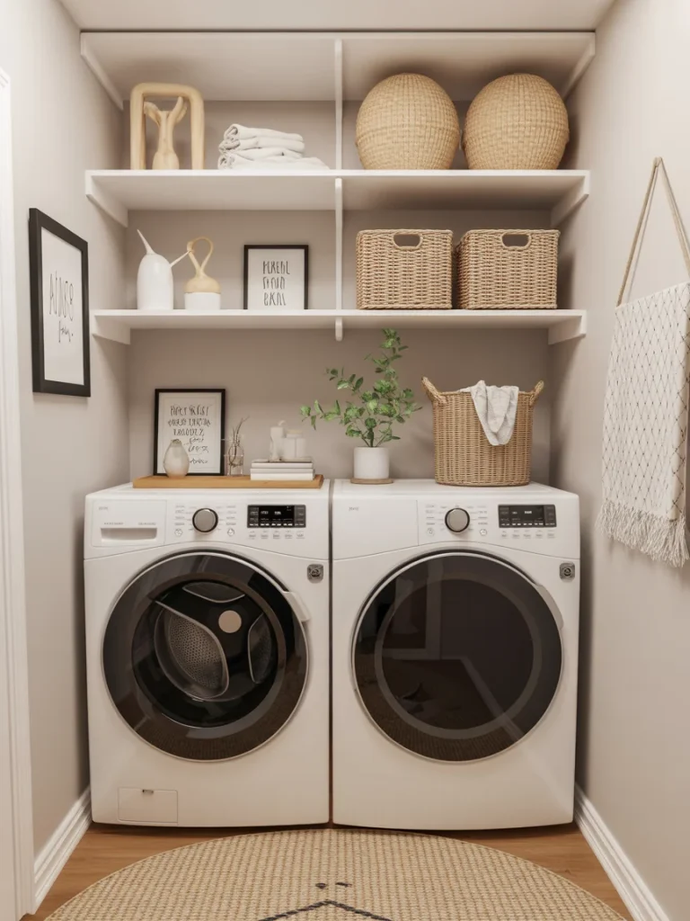 Laundry room with open shelving above washer and dryer for organized storage.