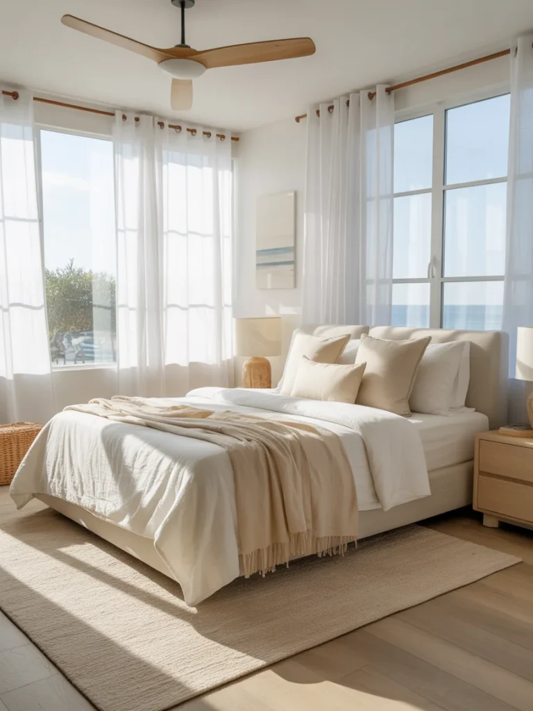 Modern coastal bedroom with sheer curtains and ocean view.