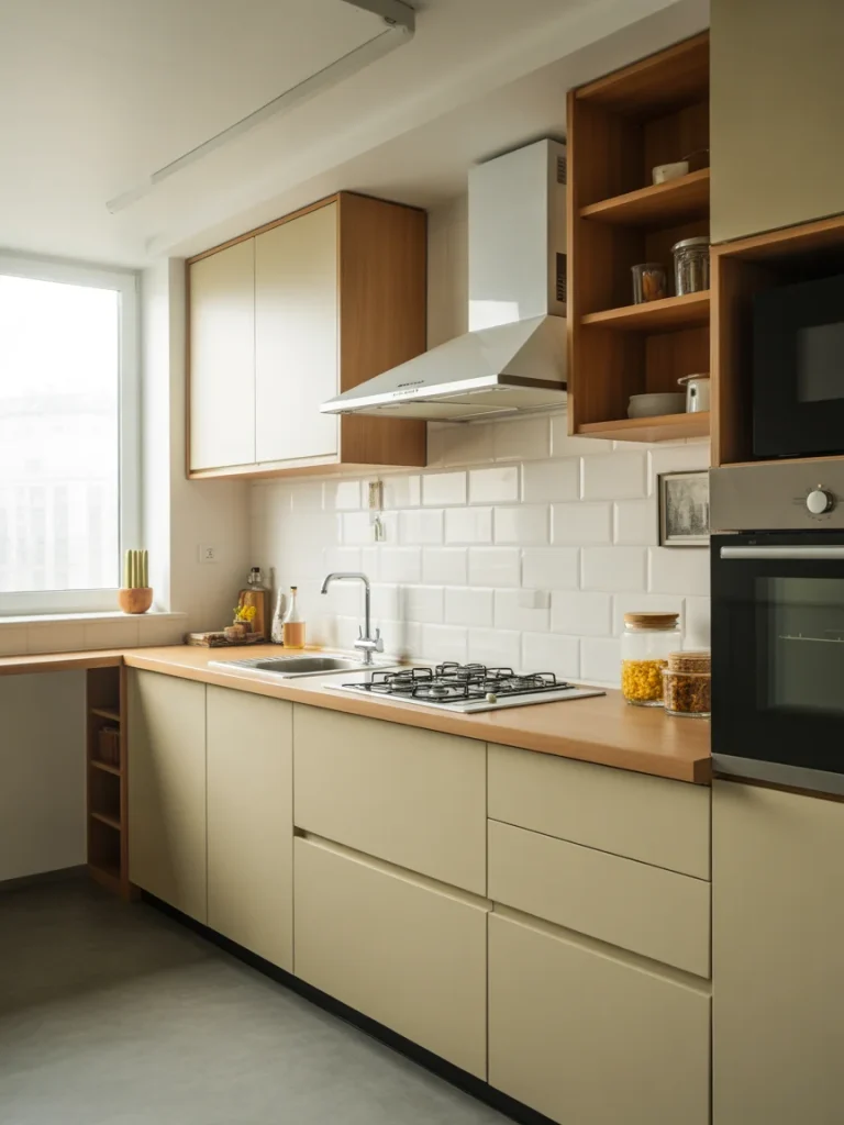 Small kitchen with sliding cabinet doors and modern space-saving design.