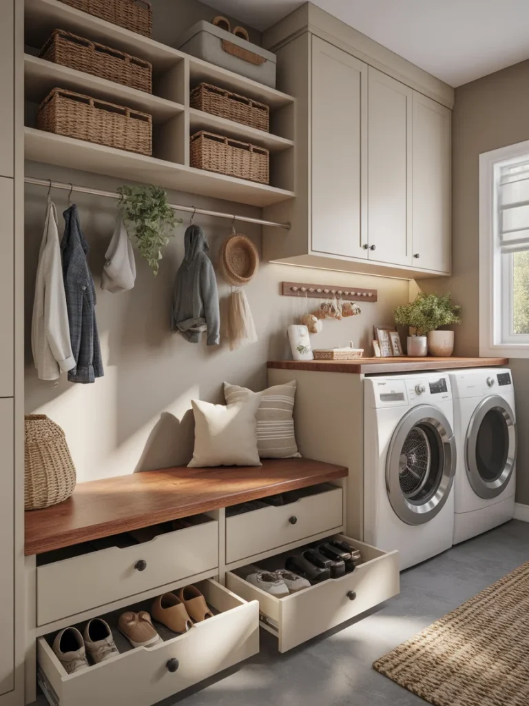 Mudroom bench with under-bench storage drawers and nearby washer and dryer.