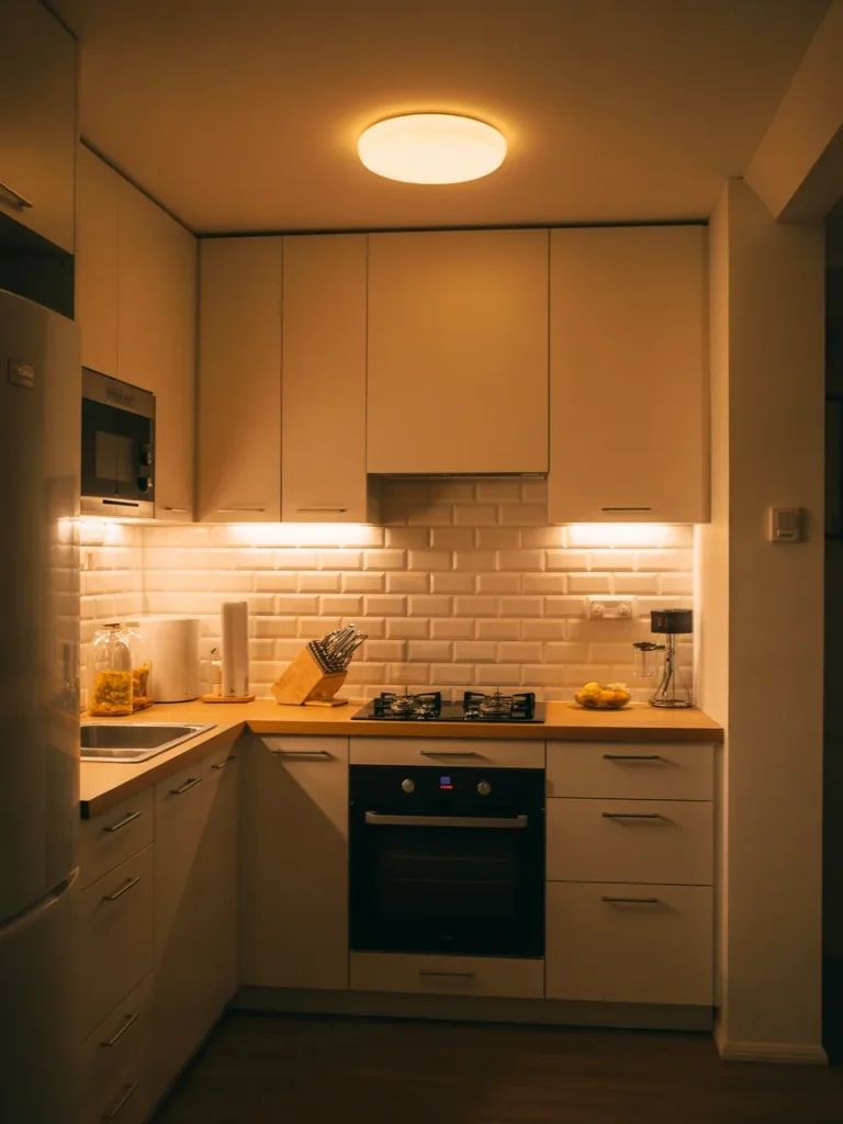 Small kitchen with under-cabinet lighting illuminating backsplash and countertops.
