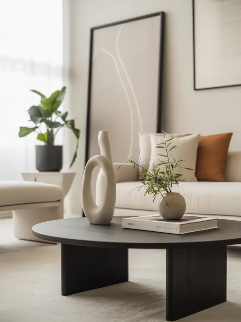 Minimalist living room with simple decor, featuring a round coffee table, sculptural vase, and neutral accents.
