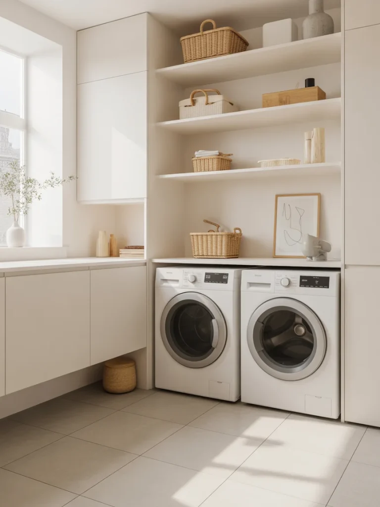 Minimalist laundry room with clean open shelves, neutral decor, and uncluttered surfaces.