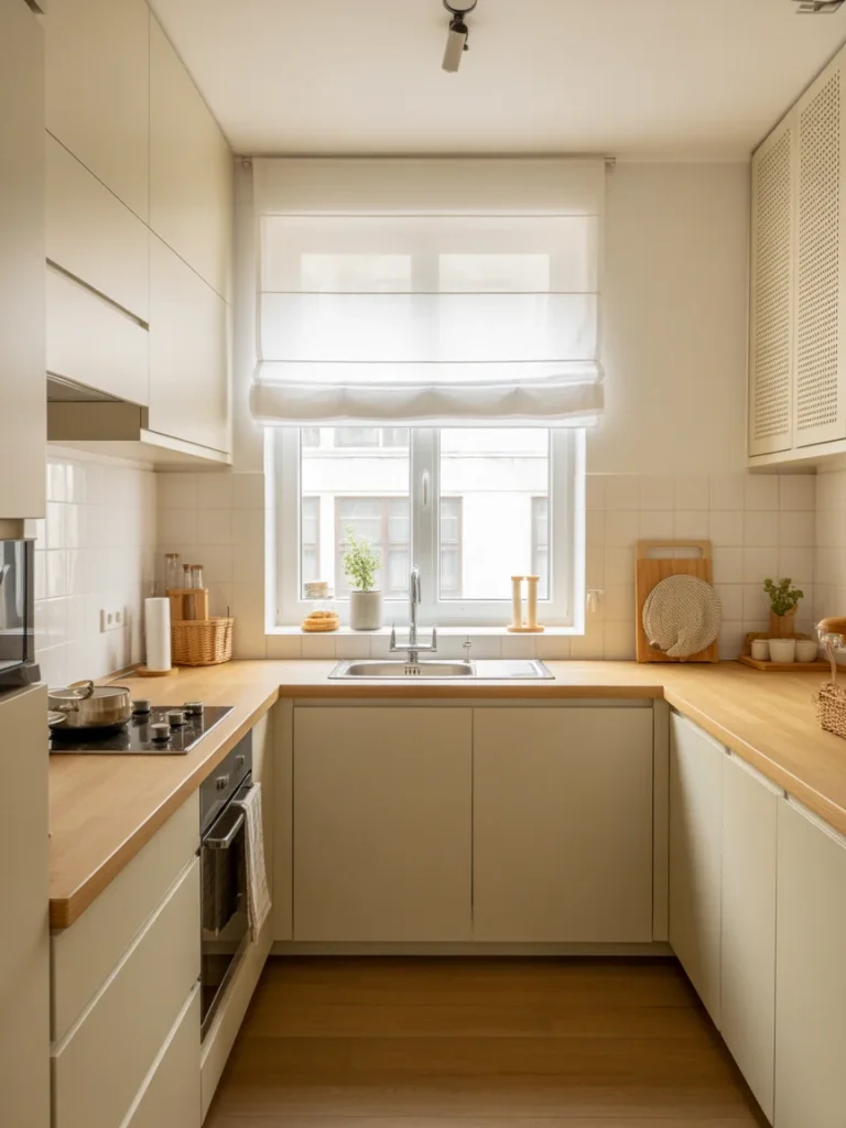 Minimalist small kitchen with clean countertops and clutter-free design.