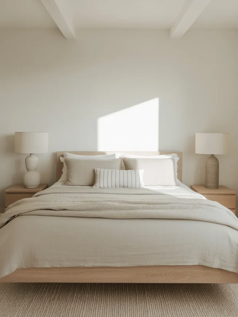 Minimalist coastal bedroom with light decor and clutter-free design.