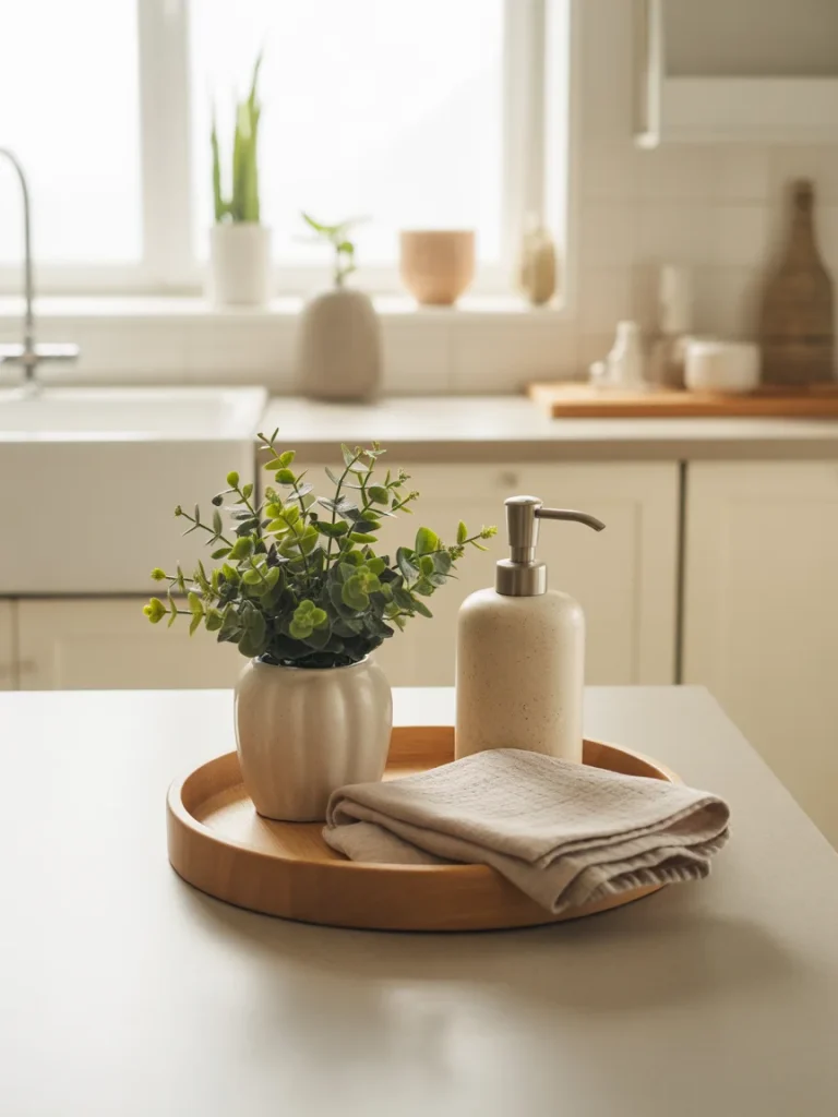 Kitchen counter spring tray with greenery, soap dispenser, and folded towel.