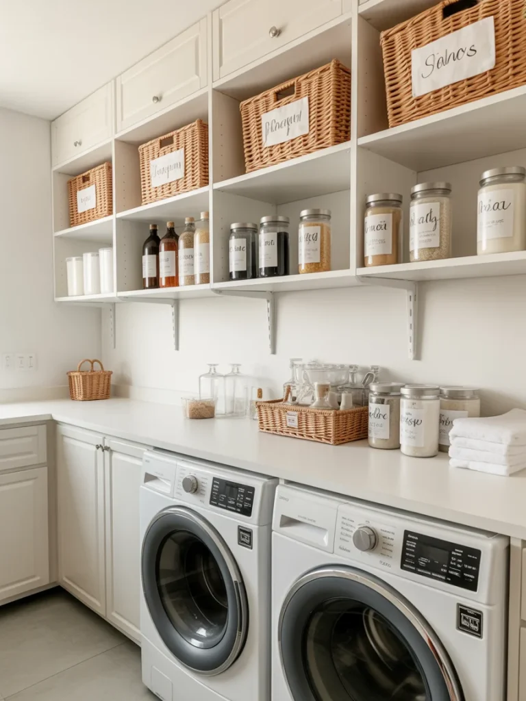 Laundry room with labeled baskets and jars on open shelves above washer and dryer.