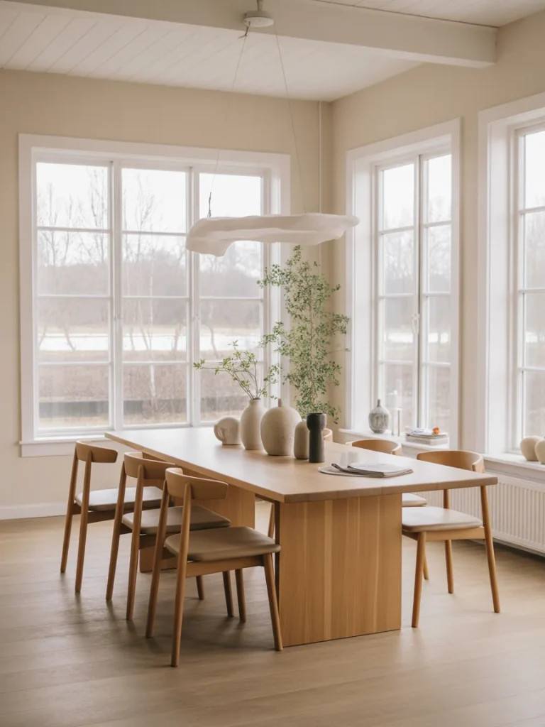 Dining room with large windows, natural light, and minimalist wooden furniture.