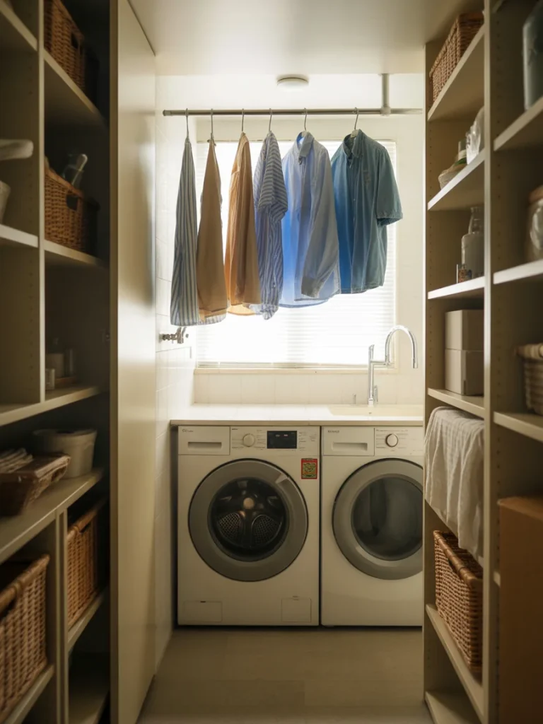 Laundry wall with hanging rod above washer and dryer for air drying clothes.