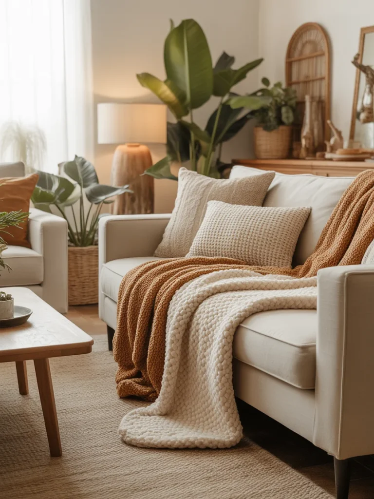 Boho living room sofa with layered cozy throw blankets and pillows.