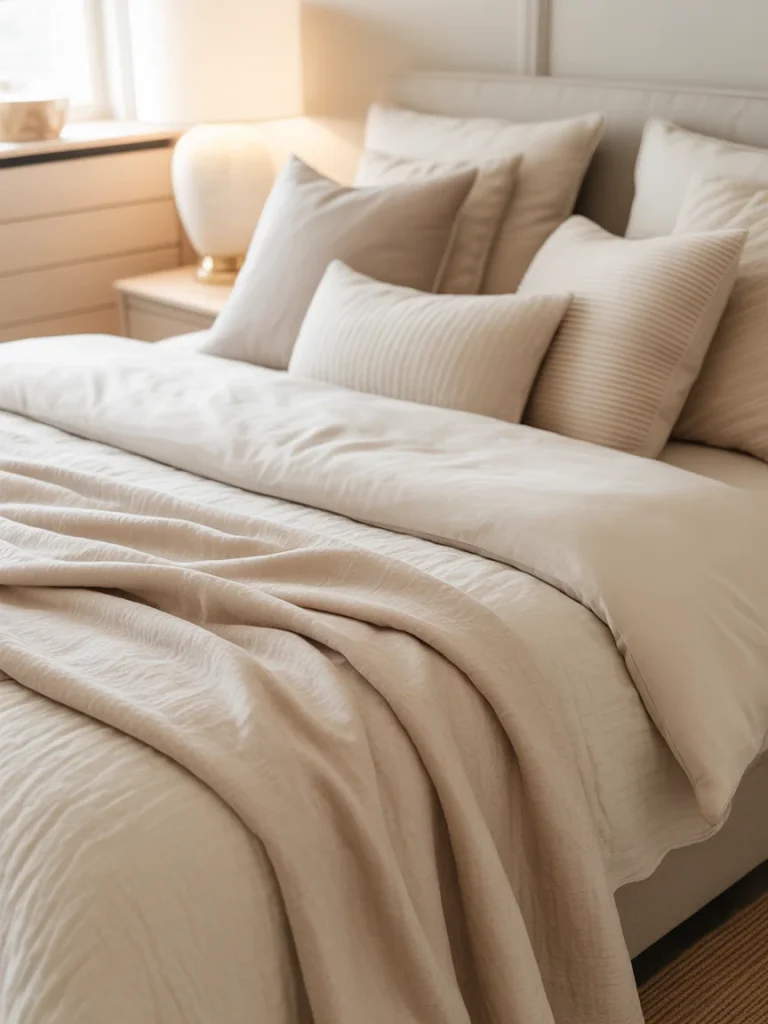 Layered soft neutral bedding with beige pillows and textured blankets on a cozy bed.
