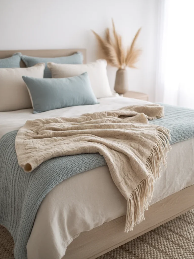 Modern coastal bedroom with layered throw blankets and soft blue bedding.