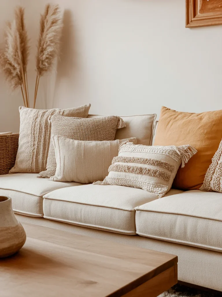 Neutral sofa with layered textured throw pillows in a cozy boho living room.