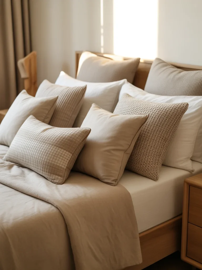 Layered neutral throw pillows in different textures on a cozy beige bed.