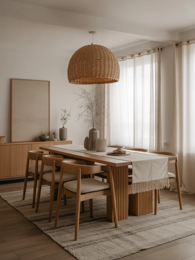 Dining room with layered textiles, featuring a rug, table runner, and soft neutral decor.