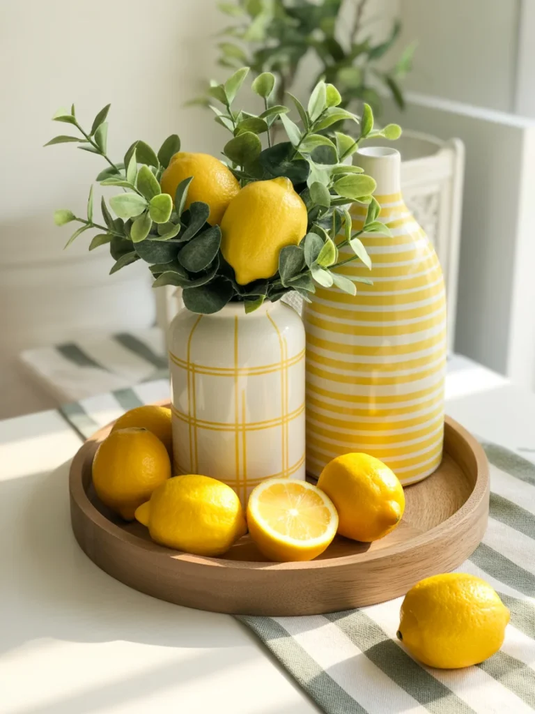 Lemon-themed spring tray with fresh lemons, greenery, and decorative vases.
