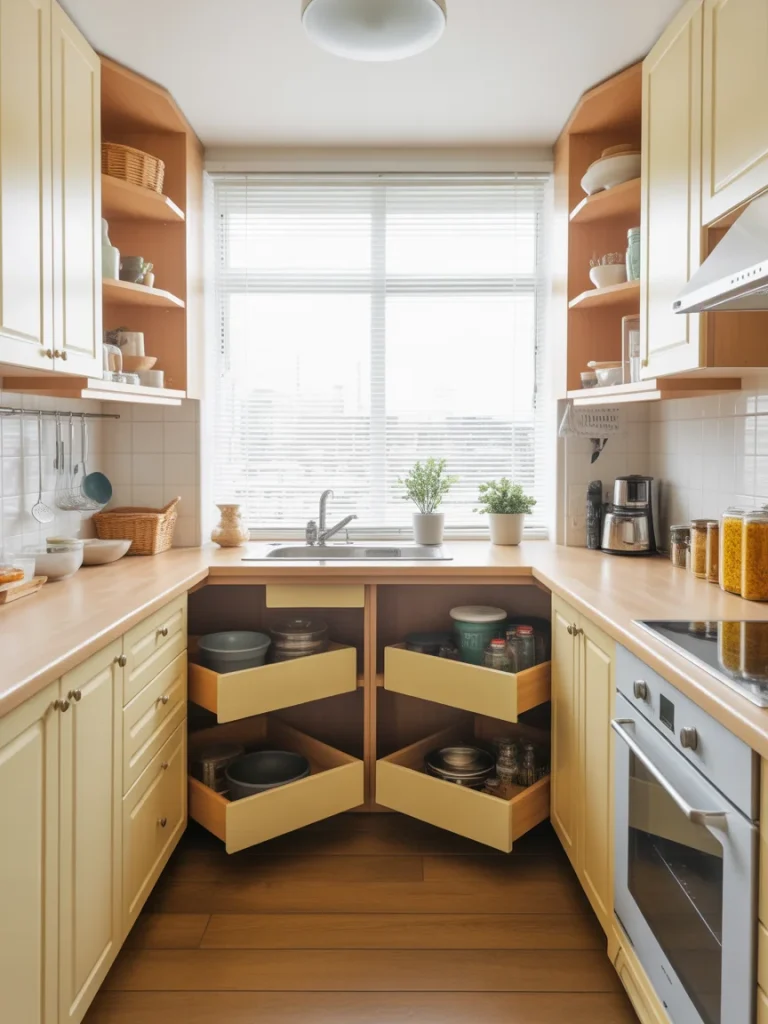 Small kitchen with pull-out corner storage drawers maximizing cabinet space.