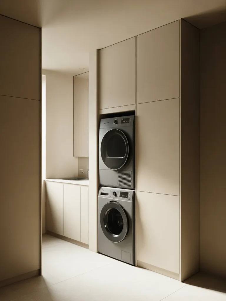 Minimalist bathroom with stacked washer and dryer built into cabinet.