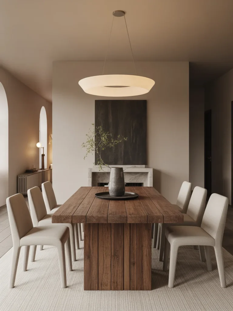 Minimalist dining chairs paired with a rustic wooden table in a modern dining room.