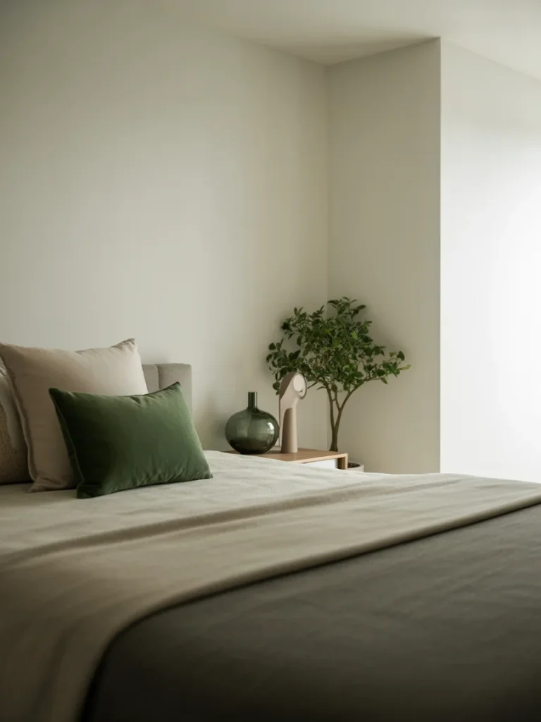 Minimalist green bedroom styling with neutral bedding and simple plant decor.