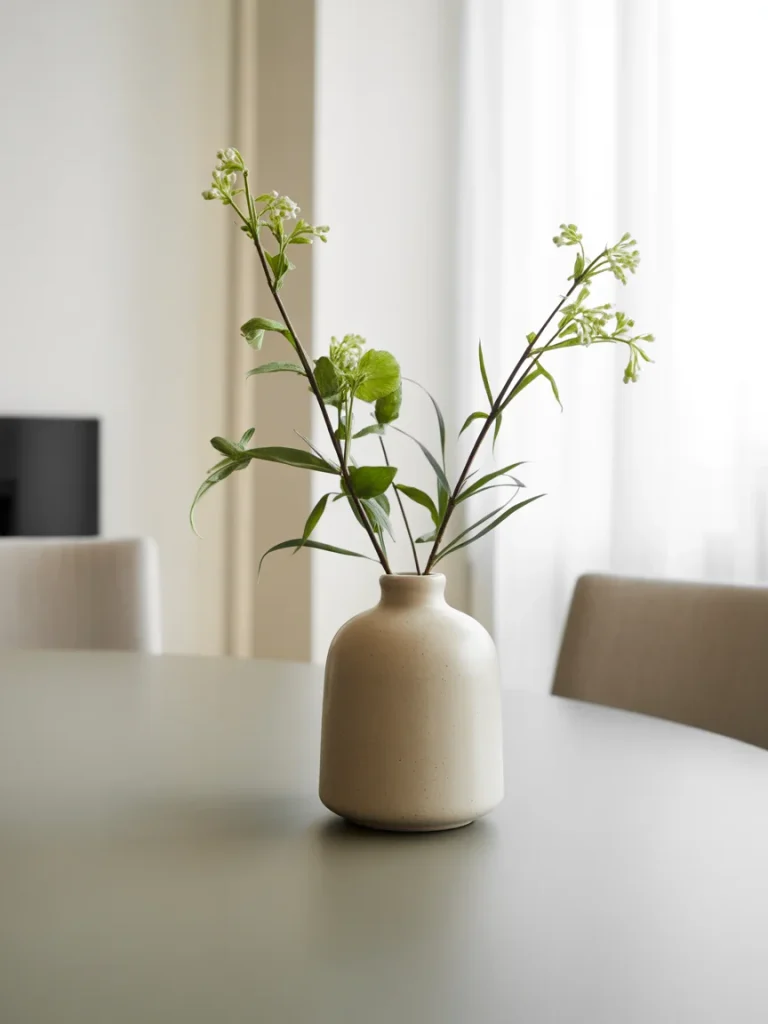 Minimalist spring centerpiece with green branches in a neutral ceramic vase on a modern dining table.