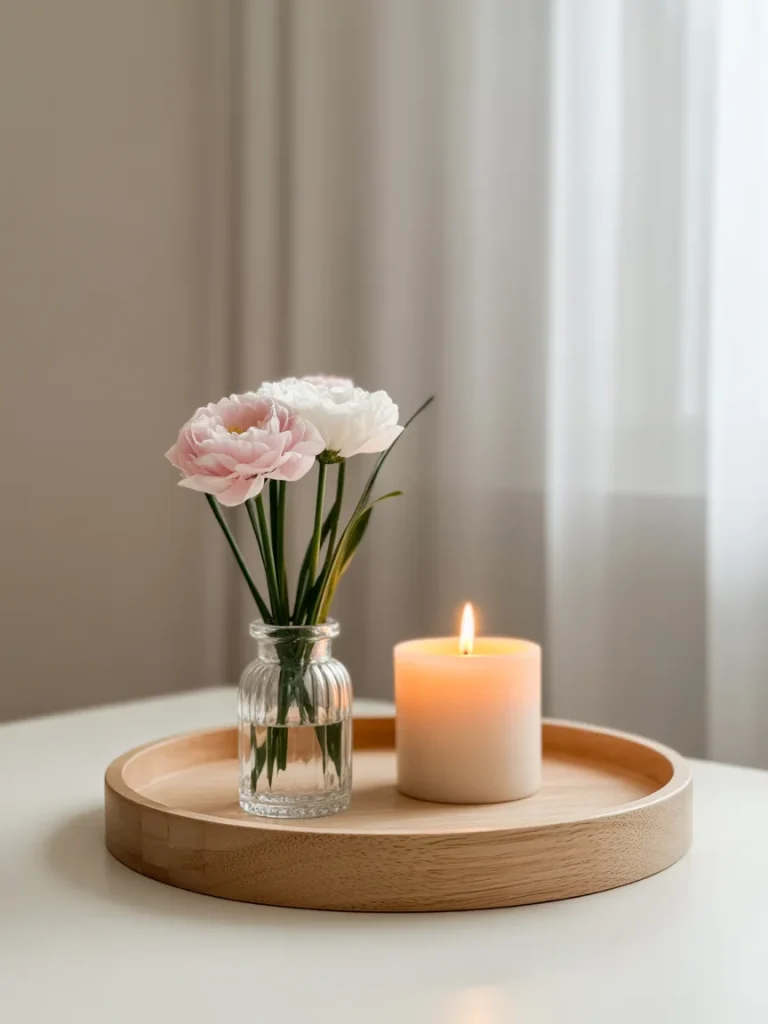 Minimalist spring tray with flowers in glass vase and single candle.