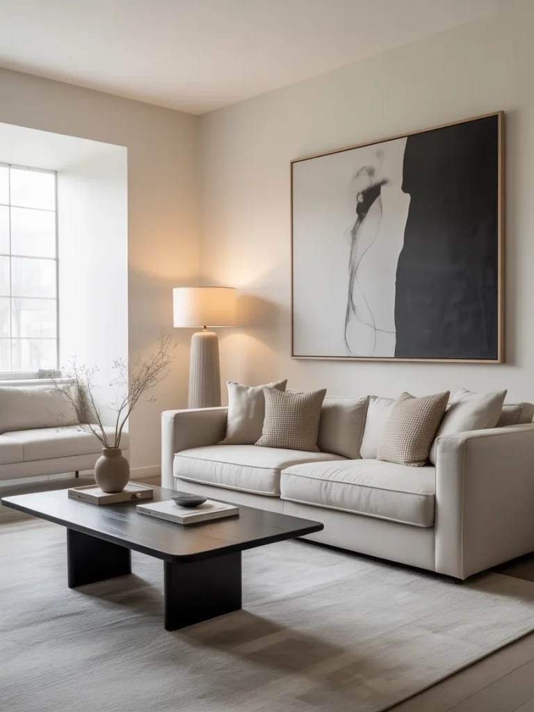 Modern living room with minimalist wall art above a neutral sofa.