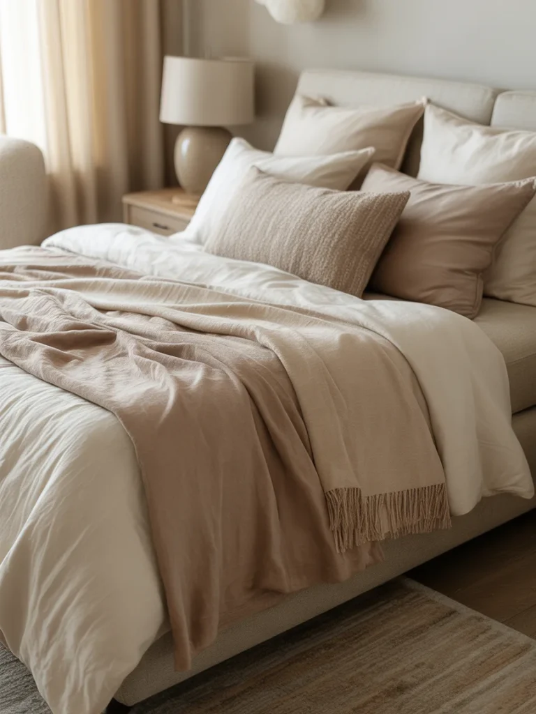 Neutral bedroom with layered bedding in mixed beige and cream tones.