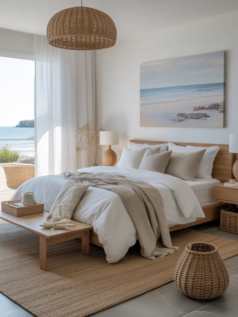 Modern coastal bedroom blending sleek furniture with natural textures.