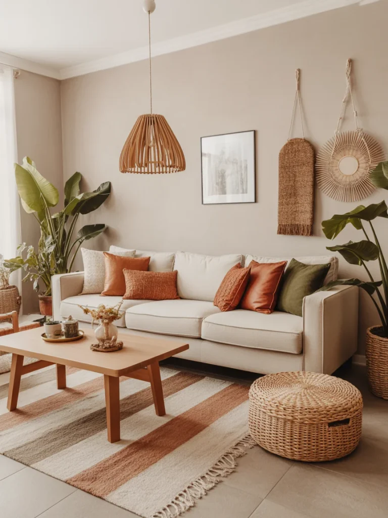 Boho living room with neutral sofa and earthy-toned decor accents.