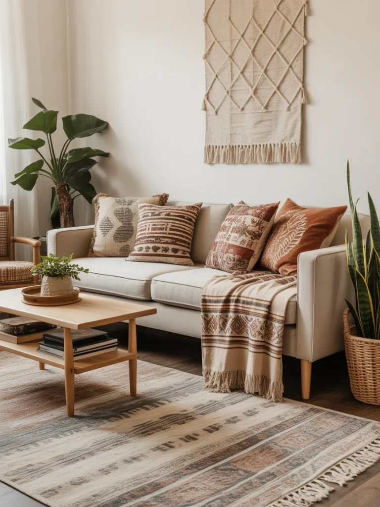 Boho living room with mixed patterned pillows and textured textiles.