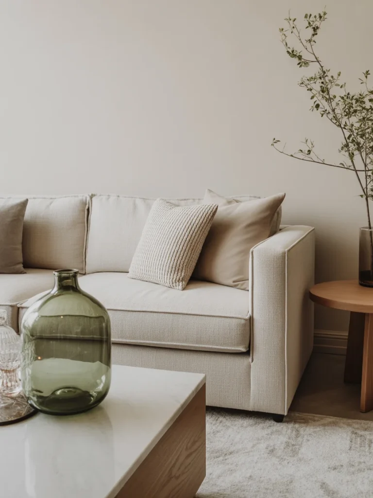 Neutral living room with mixed textures including fabric sofa, knit pillows, wood table, and glass decor.