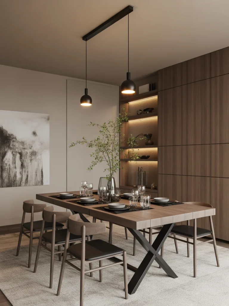 Modern dining room with mixed wood and metal elements, featuring a wooden table and black metal accents.
