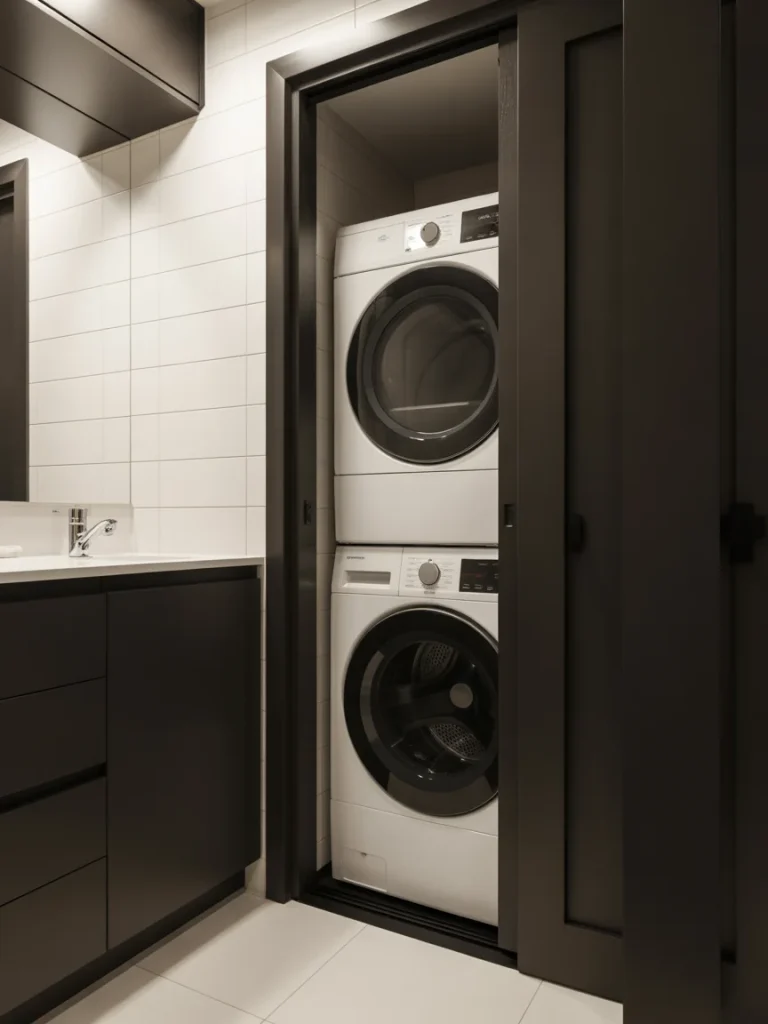 Modern black and white bathroom with stacked washer dryer hidden behind sliding door.