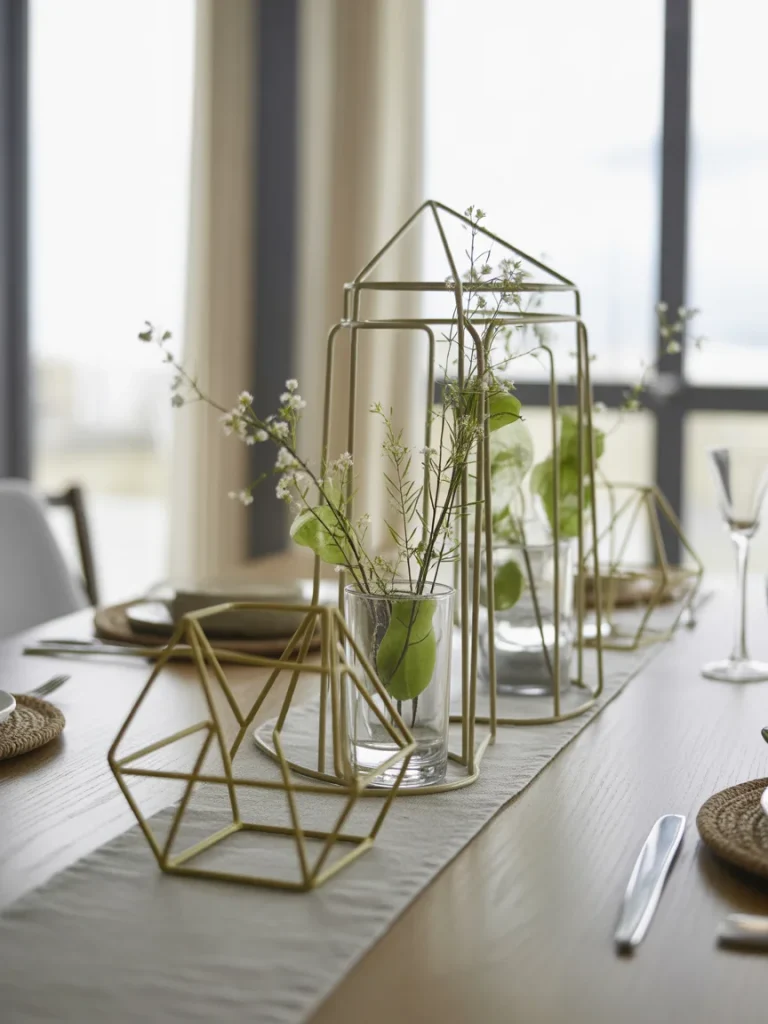 Modern geometric spring centerpiece with gold metal frames and minimalist greenery on a dining table.