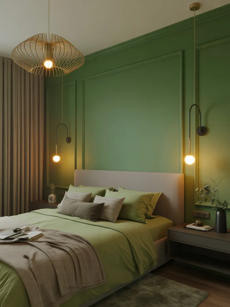 Modern green bedroom with stylish pendant lighting and wall panel design.