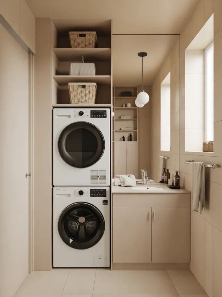 Multi-functional bathroom laundry room with stacked washer dryer and storage shelves.
