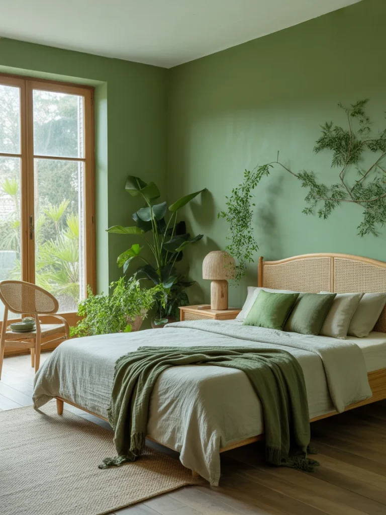 Nature-inspired green bedroom with plants and natural wood furniture.