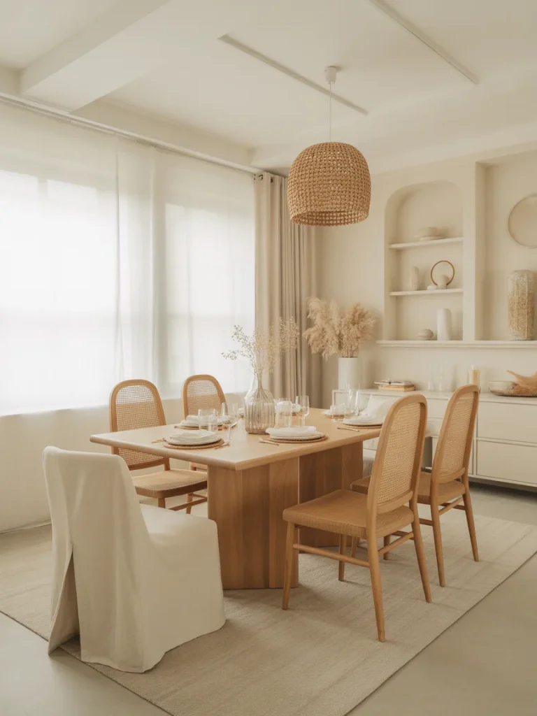 Neutral color palette dining room with beige tones, wooden table, and soft natural textures.
