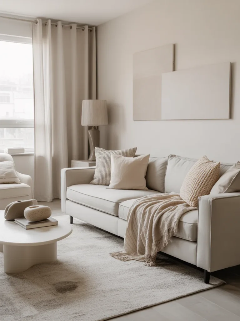 Neutral living room with beige sofa, soft textures, and minimalist decor.