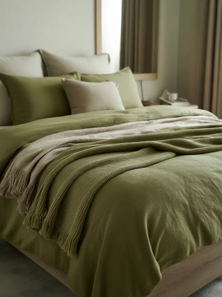 Olive green bedding with layered pillows and cozy knit throw blanket.