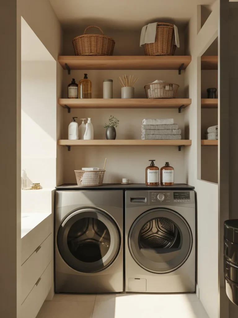 Laundry area with washer dryer and open shelves for storage.